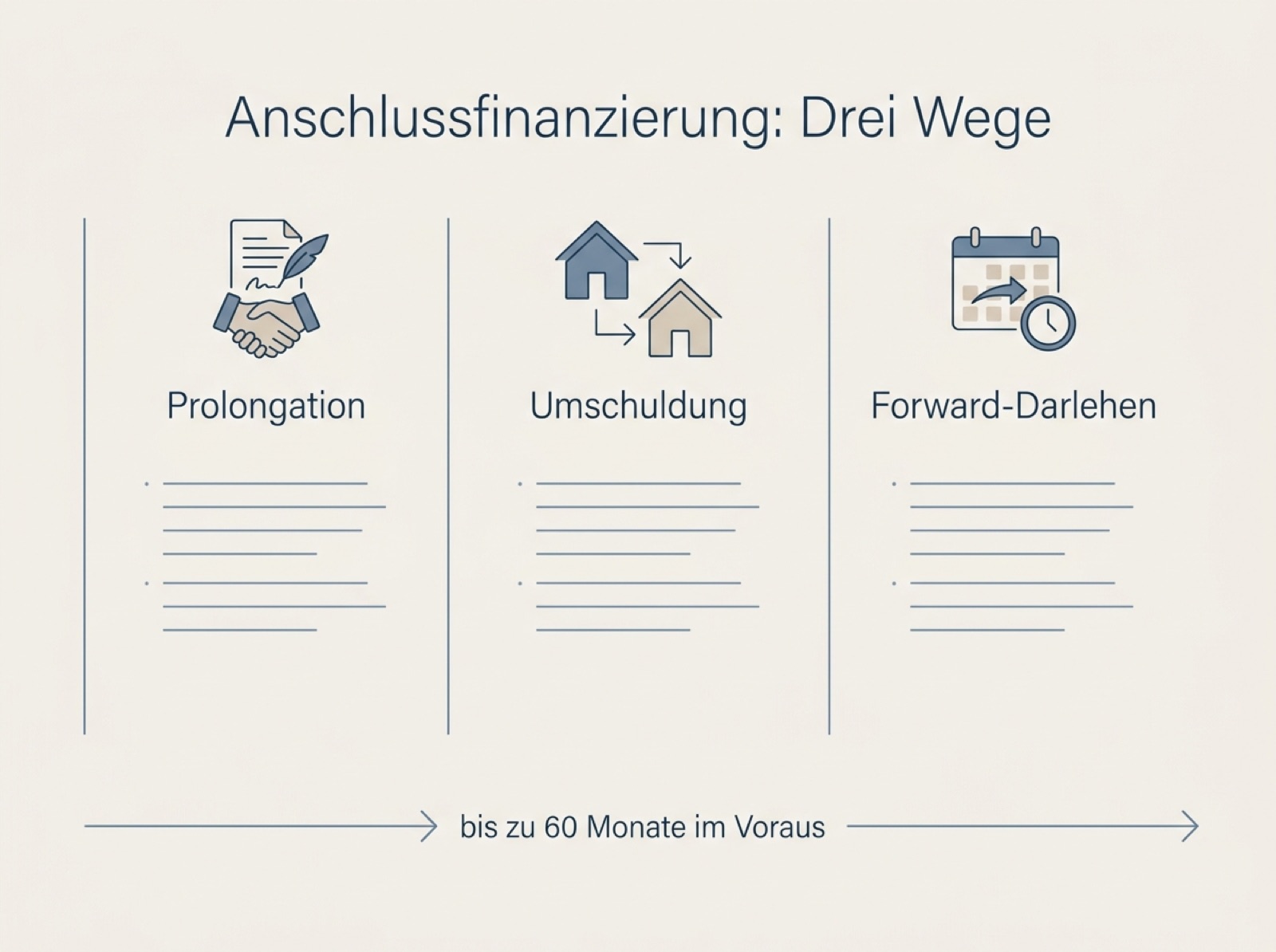 Vergleich der drei Wege der Anschlussfinanzierung: Prolongation, Umschuldung und Forward-Darlehen