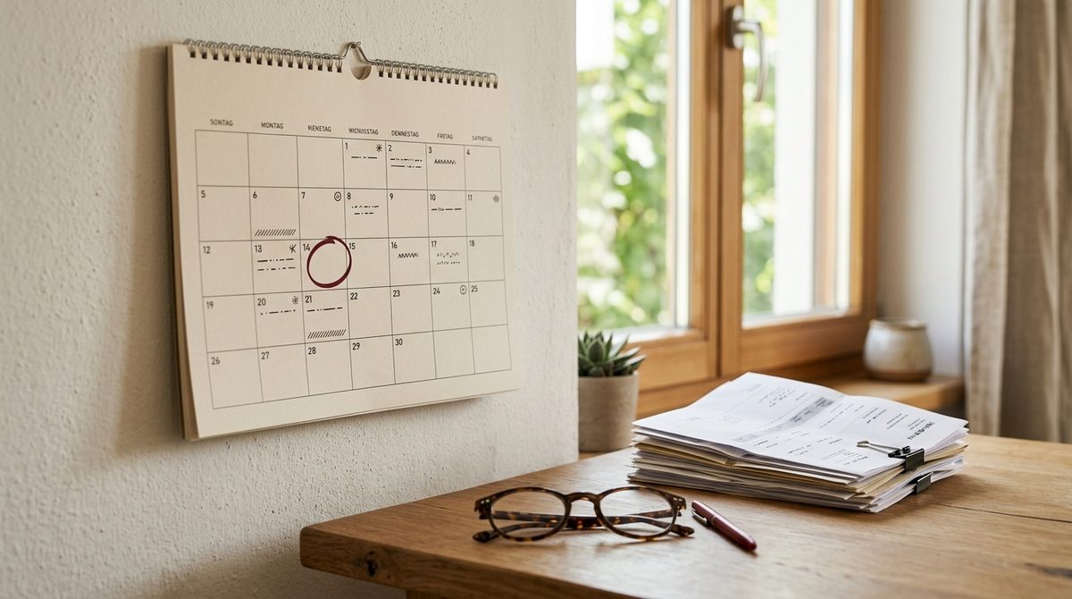 Wandkalender mit rot markiertem Termin neben einem Stapel Finanzierungsunterlagen