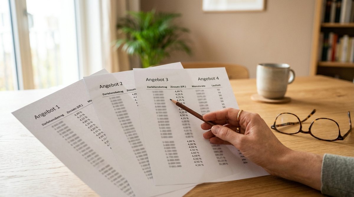 Vier Finanzierungsangebote nebeneinander, eine Hand vergleicht sie mit dem Bleistift