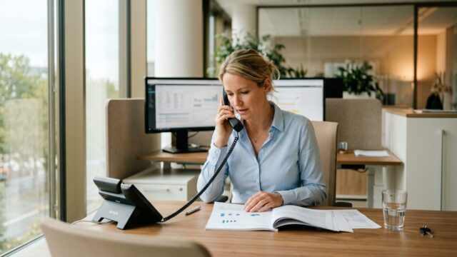 Bankberaterin telefoniert am Schreibtisch und blickt dabei auf Unterlagen