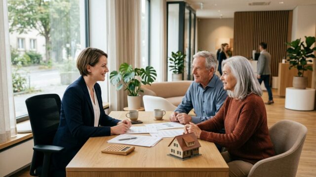 Bankberaterin im Gespräch mit einem älteren Paar am Schreibtisch einer Filiale