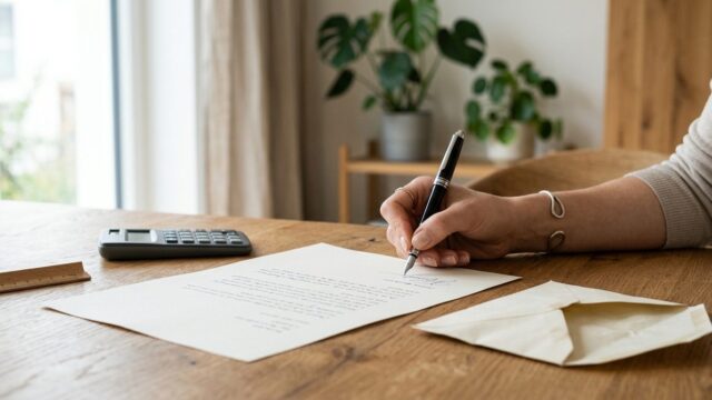 Hand unterschreibt ein Kündigungsschreiben, daneben Taschenrechner und Briefumschlag