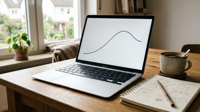 Laptop auf einem Holztisch zeigt eine steigende und wieder fallende Zinskurve