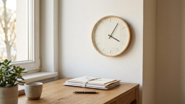 Runde Wanduhr über einem Schreibtisch mit einem kleinen Stapel Unterlagen