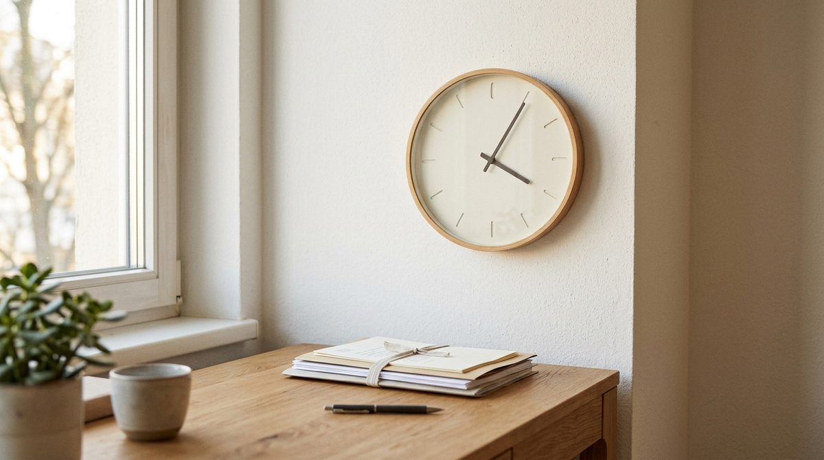 Runde Wanduhr über einem Schreibtisch mit einem kleinen Stapel Unterlagen