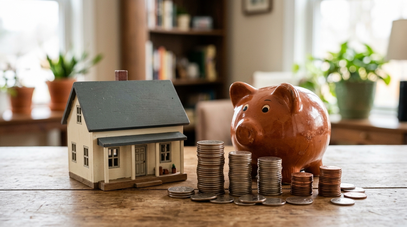 Eigenkapital Hauskauf: Modellhaus, Sparschwein und Münzen auf einem Tisch