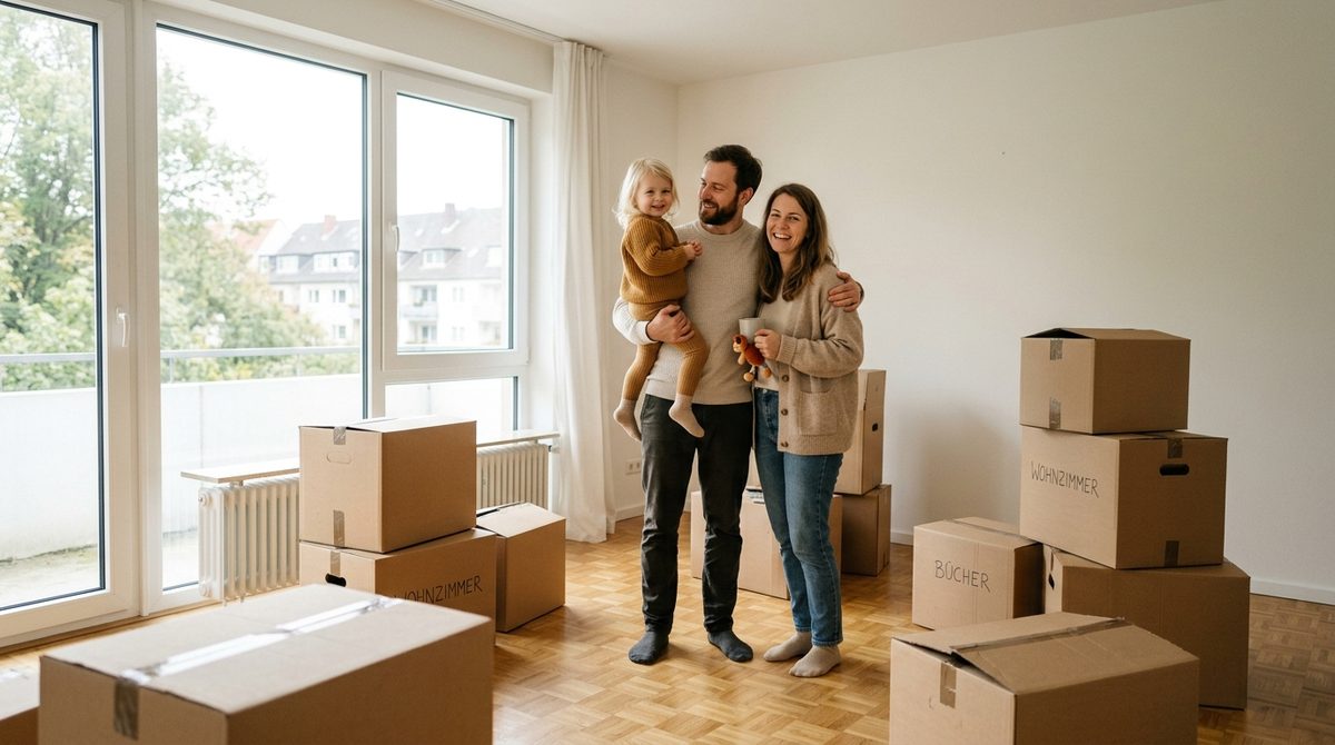 Junge Familie mit Kind steht zwischen Umzugskartons im Wohnzimmer der neuen Wohnung