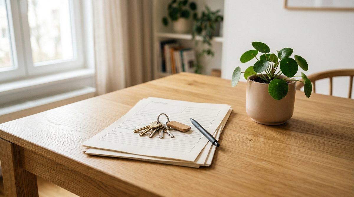 Gestapelte Antragsformulare mit Hausschlüssel und Stift auf einem Schreibtisch
