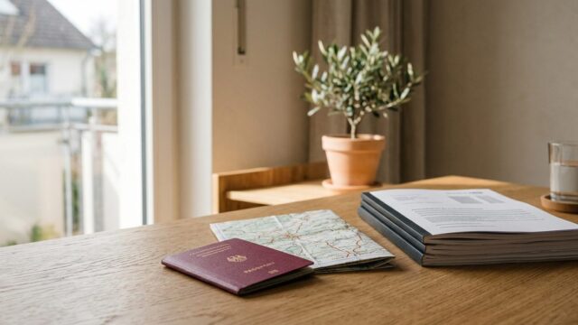 Reisepass, gefaltete Straßenkarte und Immobilienunterlagen auf einem Schreibtisch