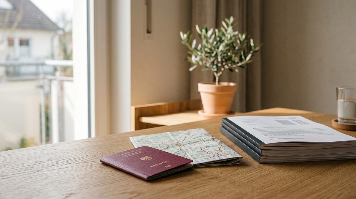 Reisepass, gefaltete Straßenkarte und Immobilienunterlagen auf einem Schreibtisch