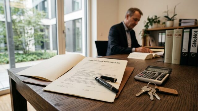 Kaufvertrag, Füller, Taschenrechner und Hausschlüssel auf einem Notartisch