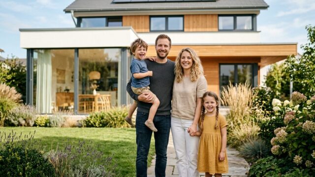 Familie mit zwei Kindern steht im Garten vor ihrem neuen Einfamilienhaus