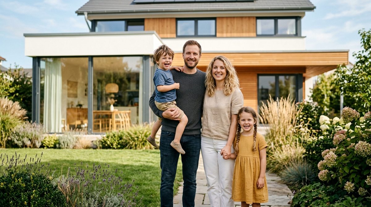 Familie mit zwei Kindern steht im Garten vor ihrem neuen Einfamilienhaus