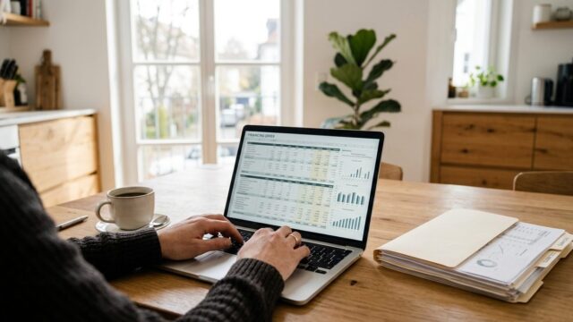 Offener Laptop am Küchentisch mit einer Angebotsübersicht, daneben Kaffee und Unterlagen