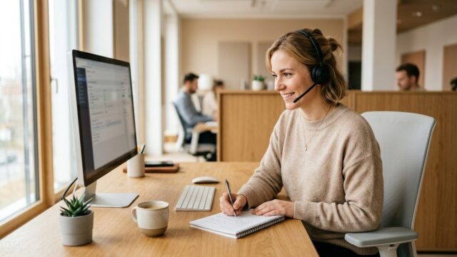Kundenberaterin mit Headset am Schreibtisch macht Notizen vor dem Bildschirm