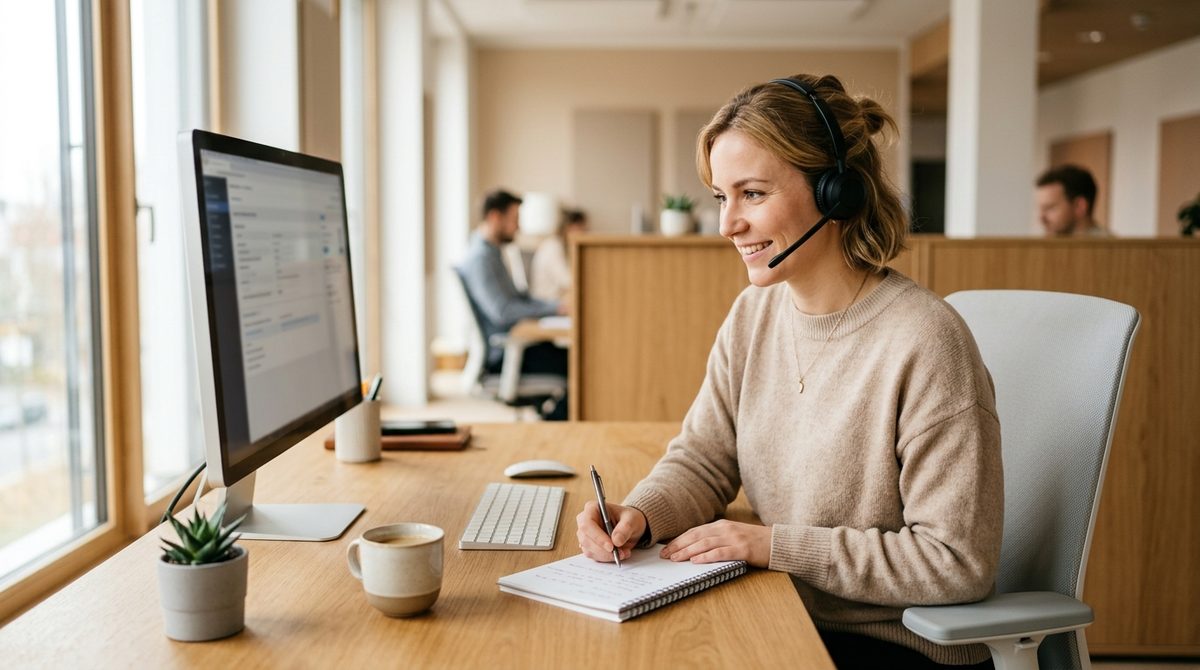 Kundenberaterin mit Headset am Schreibtisch macht Notizen vor dem Bildschirm