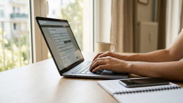 Hände tippen am Laptop ein Online-Antragsformular aus