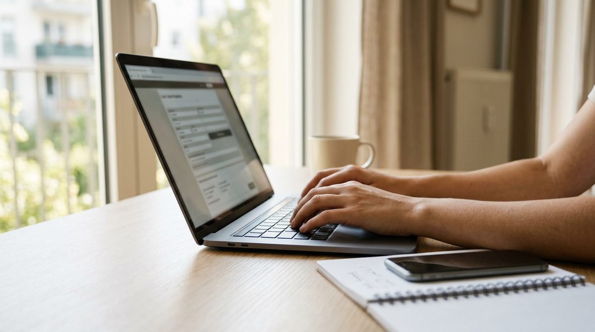 Hände tippen am Laptop ein Online-Antragsformular aus