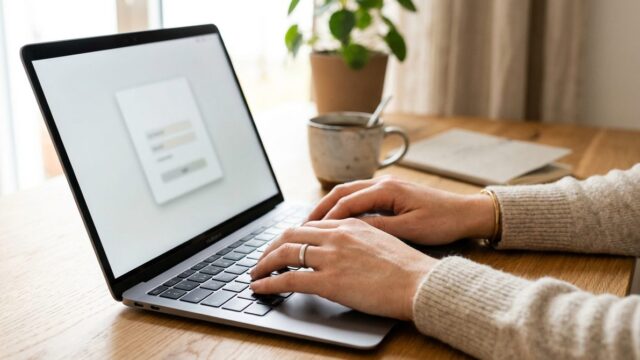 Hände auf einer Laptoptastatur, auf dem Bildschirm eine Anmeldemaske