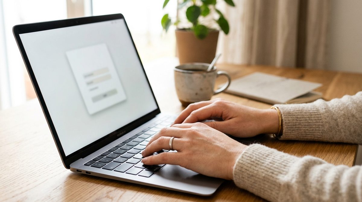 Hände auf einer Laptoptastatur, auf dem Bildschirm eine Anmeldemaske