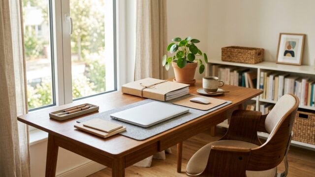 Aufgeräumter Homeoffice-Schreibtisch mit Laptop, Unterlagenmappe und Kaffeetasse