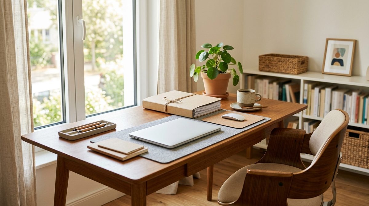 Aufgeräumter Homeoffice-Schreibtisch mit Laptop, Unterlagenmappe und Kaffeetasse