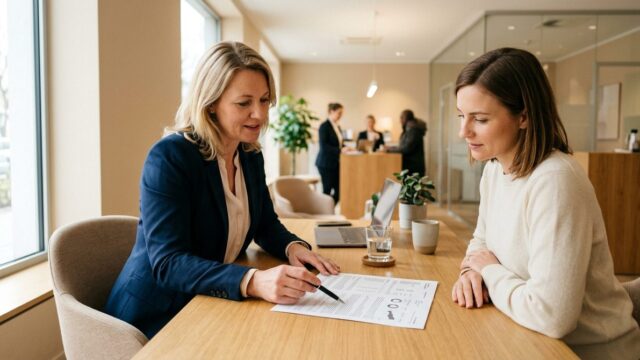 Beraterin zeigt einem Kunden am Schreibtisch mit dem Stift eine Zinsübersicht