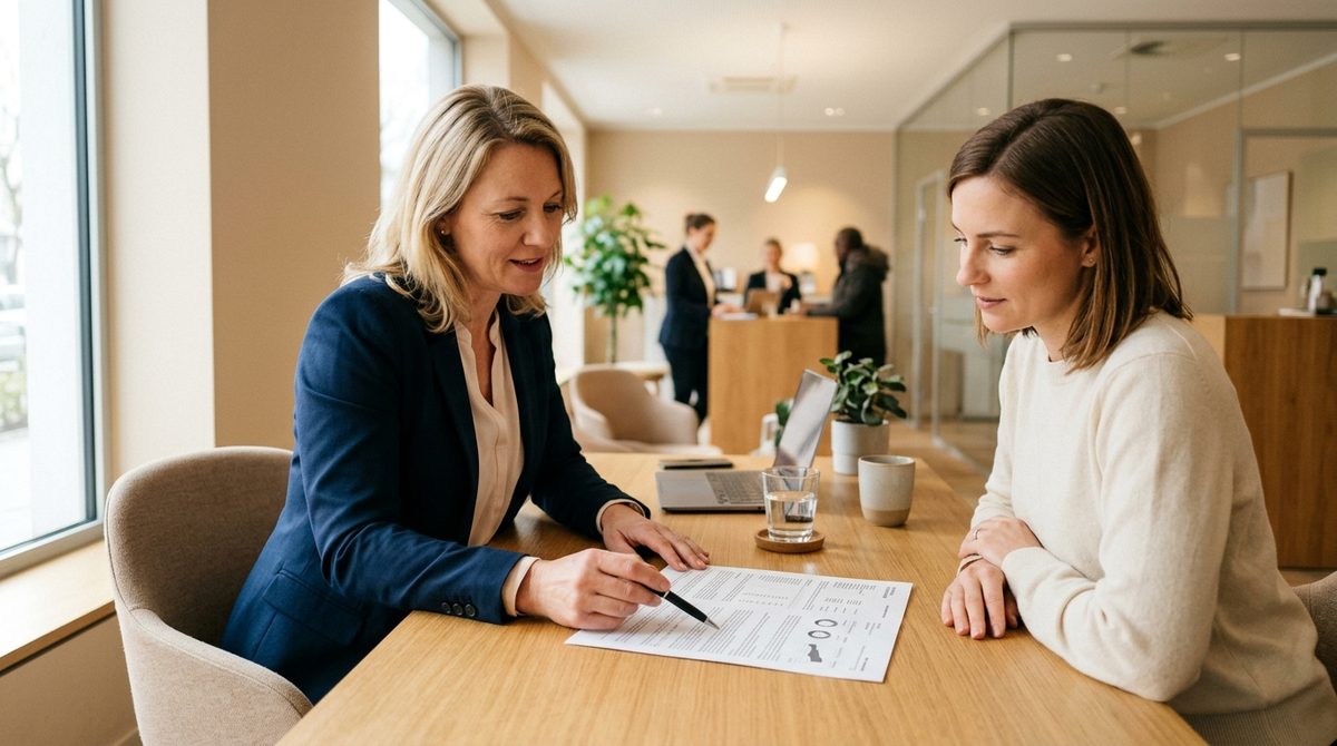 Beraterin zeigt einem Kunden am Schreibtisch mit dem Stift eine Zinsübersicht