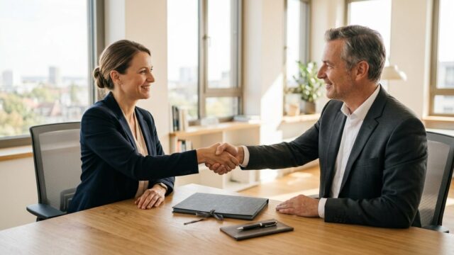 Handschlag zweier Personen über dem Schreibtisch nach der Vertragsunterzeichnung