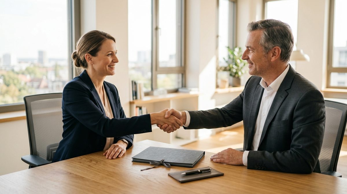 Handschlag zweier Personen über dem Schreibtisch nach der Vertragsunterzeichnung