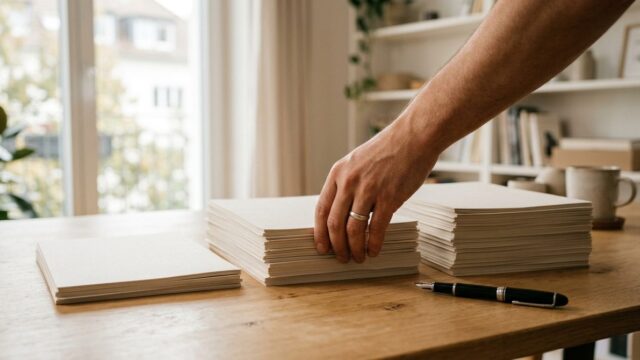 Drei unterschiedlich hohe Papierstapel nebeneinander, eine Hand greift zum mittleren