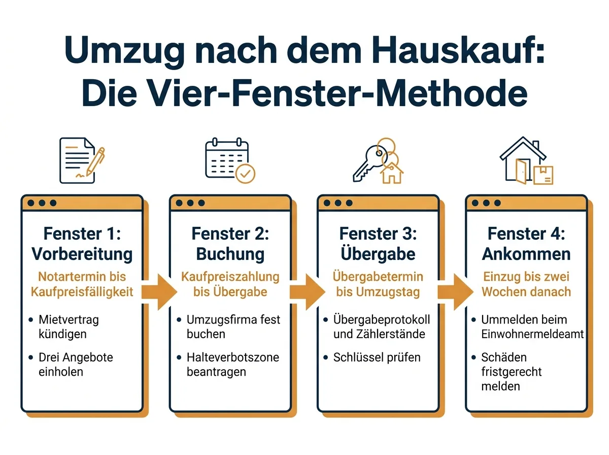 Infografik: Vier-Fenster-Methode für den Umzug nach dem Hauskauf