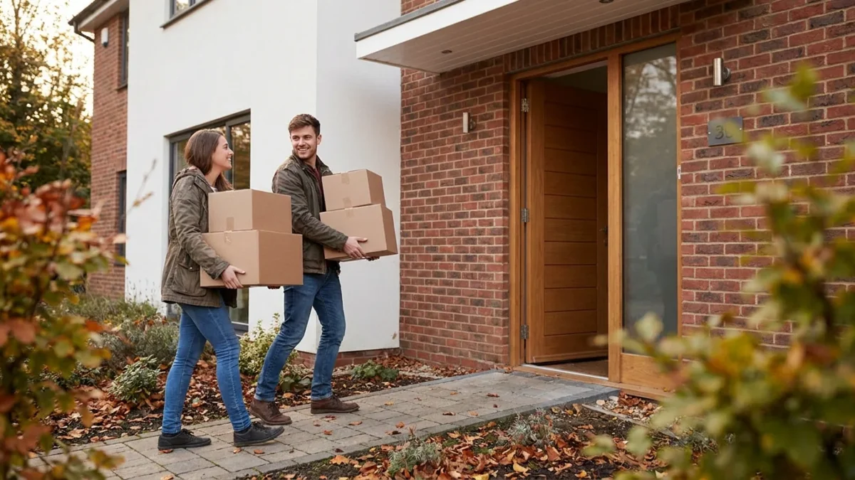 Paar trägt Umzugskartons in das neu gekaufte Einfamilienhaus